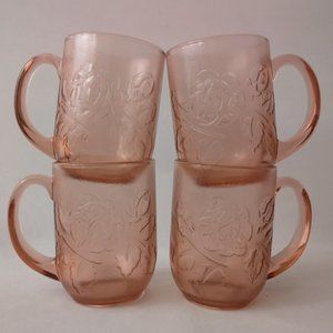 Vintage Set of Four (4) Arcoroc France Pink Glass Coffee / Tea Mugs, Rosaline